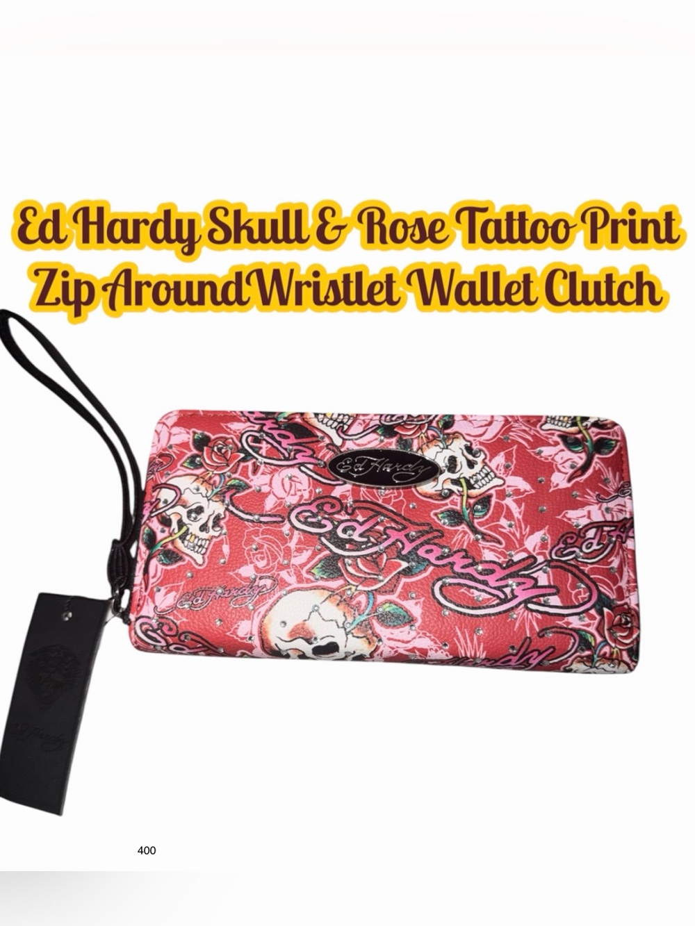 *new* Ed Hardy Skull & Rose Tattoo Print Zip Around Wristlet Wallet Clutch